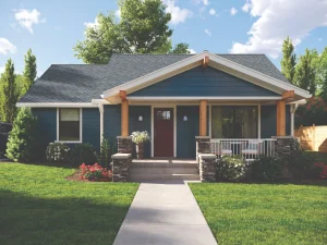 Blue exterior bungalow house featuring newly installed premium shingles by Paramount Builders